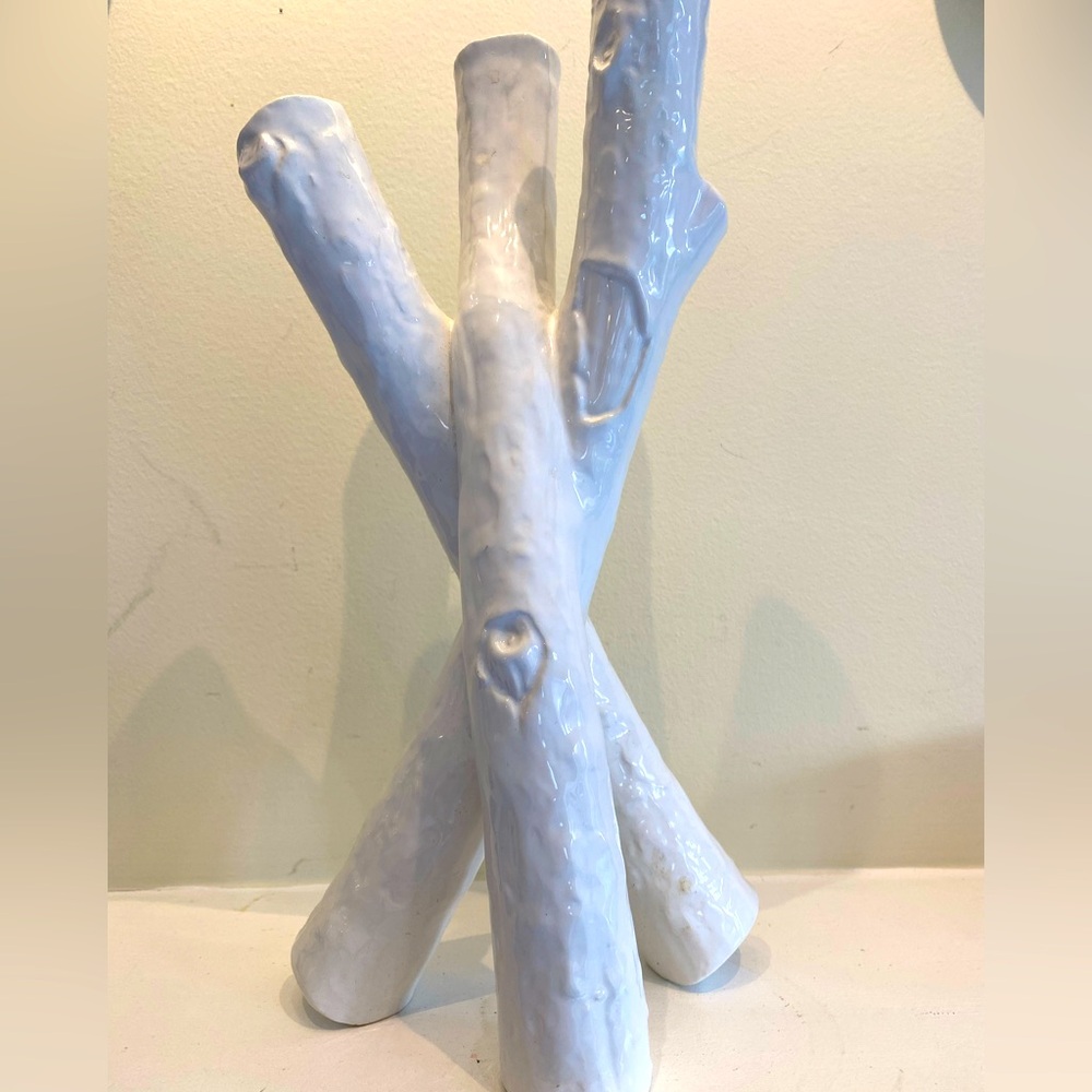 White Ceramic Twisted Branch Design Sculpture Triple Bud Vase